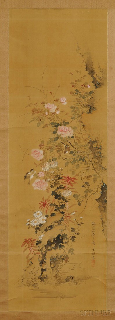 Baiitsu Scroll, Japan, ink and colors on silk, dep: Baiitsu Scroll, Japan, ink and colors on silk, depicting a flower and rock, with two seals, inscribed, signed Yamamoto Baiitsu (1783-1856), 76 x 22 1/2 in.
