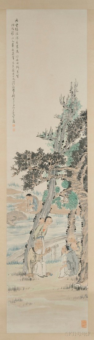 Four Loose Paintings, China, ink and colors on pap: Four Loose Paintings, China, ink and colors on paper, depiction of figures and trees, inscribed, signed "Qian Hui An," (1833-1911), attributed to Xin Luo Shang Ren (1682-1756), with seals on each pain