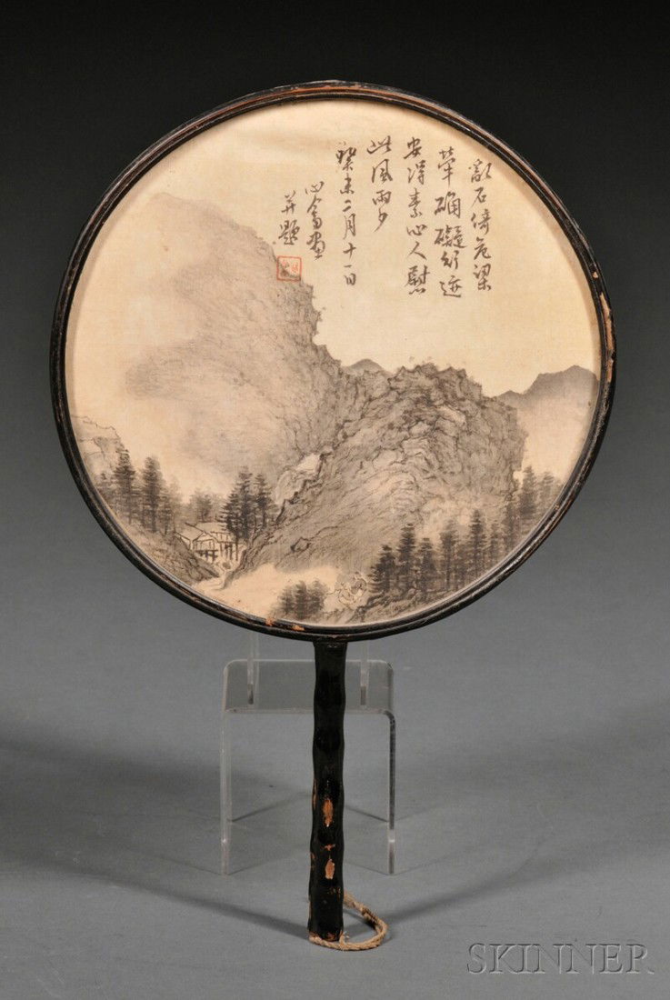 Pair of Fan Paintings, China, one ink and colors: Pair of Fan Paintings, China, one ink and colors on silk, one ink and colors on paper, both with a poem in calligraphy on the reverse, inscribed, signed, one fan by Pu Ru (1896-1963), dated, with one