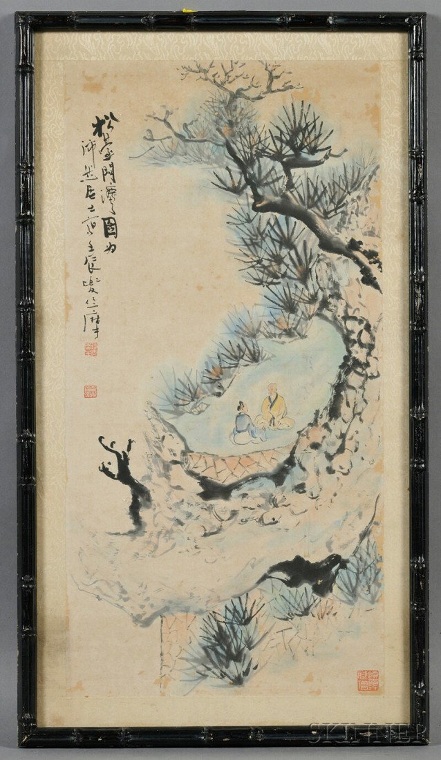 Framed Painting, China, ink and colors on paper, : Framed Painting, China, ink and colors on paper, depicting pine trees and two figures, inscribed, after Pei Ran Ju Shi, with two seals, framed and glazed, 31 x 17 in.