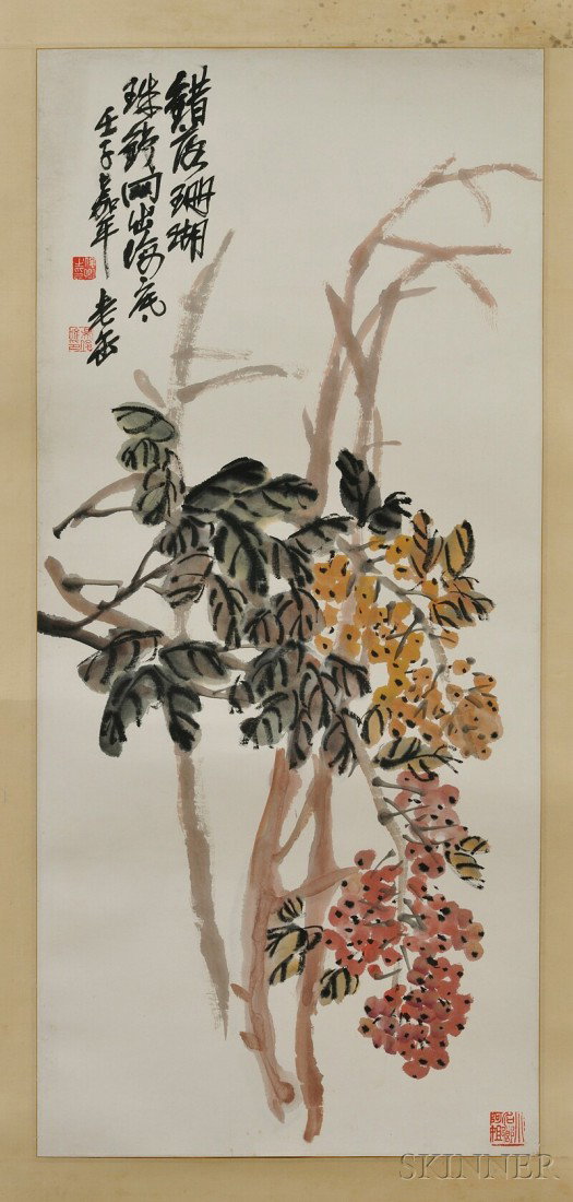 Hanging Scroll, China, ink and colors on paper, de: Hanging Scroll, China, ink and colors on paper, depicting grapes, inscribed, signed "Lao Fou," after Wu Changshuo, with three seals, 75 x 18 3/4 in.