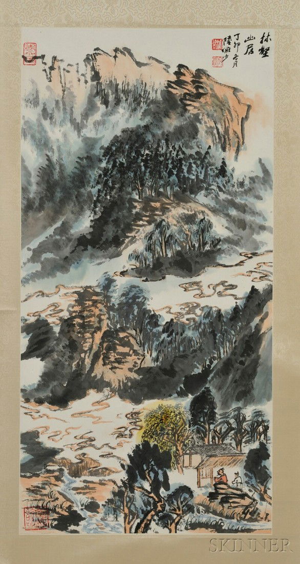 Hanging Scroll, China, ink and colors on paper, de: Hanging Scroll, China, ink and colors on paper, depicting a landscape, inscribed, attributed to Lu Yanshao, with four seals, 71 x 19 1/2 in.