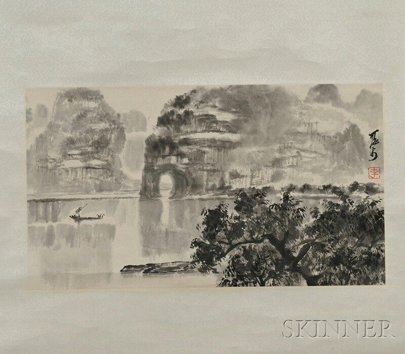 Hanging Scroll, China, ink on paper, depicting a l: Hanging Scroll, China, ink on paper, depicting a landscape, attributed to "Li Keran," with one seal, 68 x 27 3/4 in.