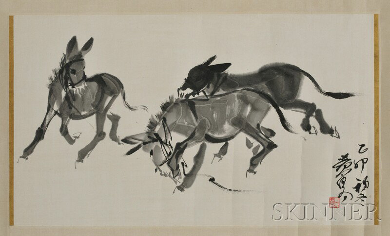 Loose Painting, China, ink on paper, depicting thr: Loose Painting, China, ink on paper, depicting three donkeys, inscribed, signed "Huang Zhou", with one seal, 37 x 20 in.