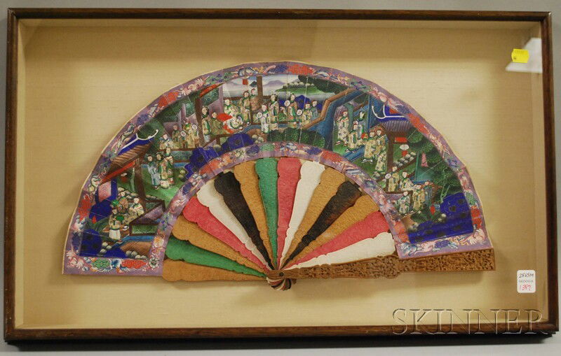 Fan, China, hand-painted, with polychrome ribs, in: Fan, China, hand-painted, with polychrome ribs, including carved wood, framed and glazed, 15 1/2 x 26 in.
