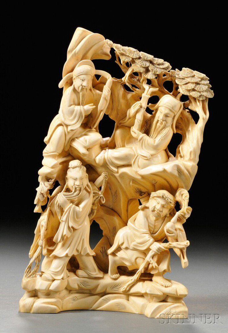 Ivory Carving, China, depicting four sages in a pi: Ivory Carving, China, depicting four sages in a pine grove, ht. 9 3/4 in.