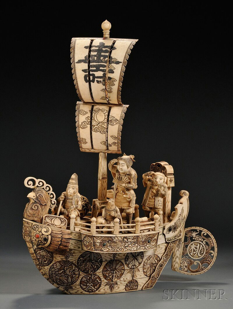 Ivory Carving, China, depicting Admiral Zheng He o: Ivory Carving, China, depicting Admiral Zheng He on a ship with a rat, monkey, and rooster, with two sails incised with the characters shou and tao, an illusion to his invasion of the Middle East in t