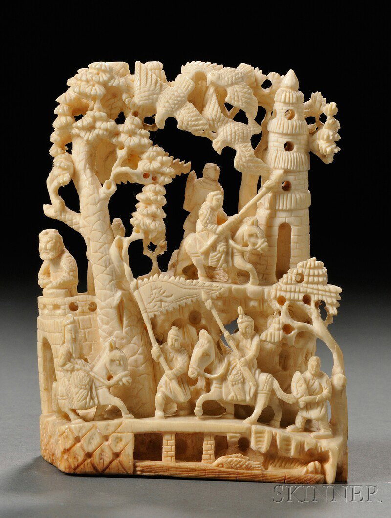 Ivory Group, China, high relief carving of warrior: Ivory Group, China, high relief carving of warriors in a castle with pine trees and birds, ht. 4 5/8 in.
