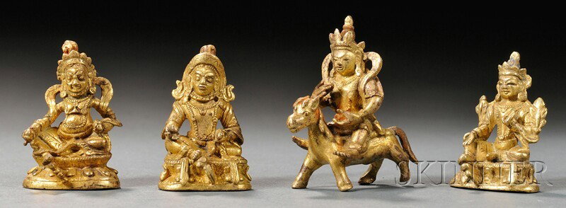 Four Small Gilt-bronzes, China, cast as Buddhist f: Four Small Gilt-bronzes, China, cast as Buddhist figures, lg. to 1 3/4 in.