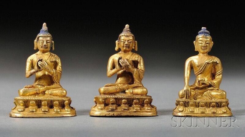 Three Small Gilt-bronzes, China, cast as seated Bu: Three Small Gilt-bronzes, China, cast as seated Buddhist figures, lg. to 1 5/8 in.