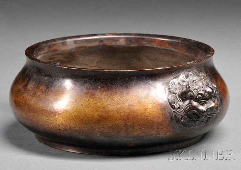 Bronze Censer, China, traditional form, globular b: Bronze Censer, China, traditional form, globular body with lion handles, Yu Tang Qing Wan cast mark on base, dia. 7 1/8 in.