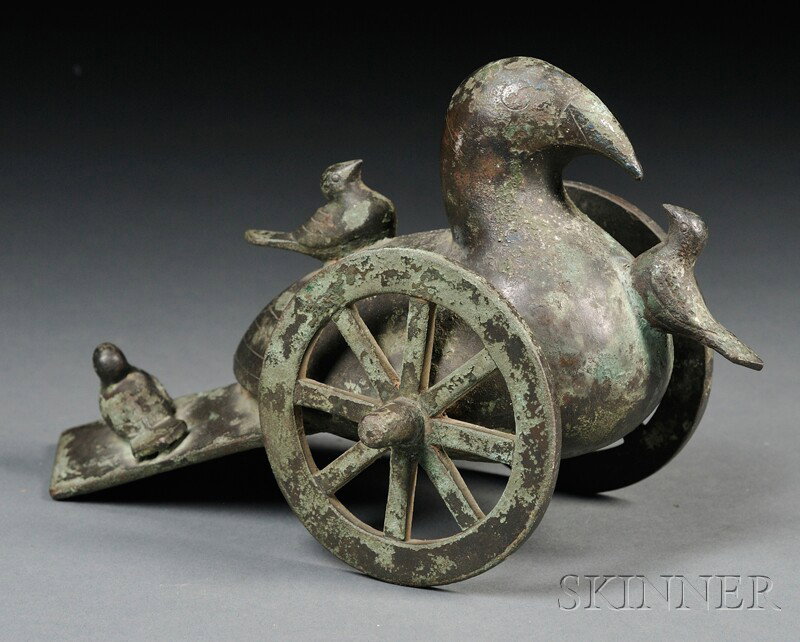 Bronze Wheeled Bird, China, modeled with three duc: Bronze Wheeled Bird, China, modeled with three ducklings, lg. 8 in.