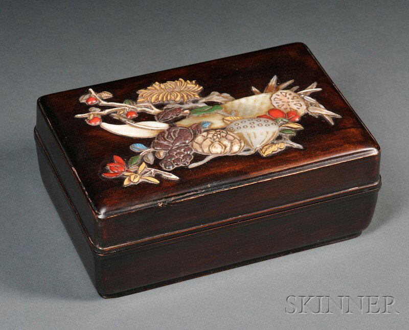 Inlaid Box, China, rectangular rosewood box, cover: Inlaid Box, China, rectangular rosewood box, cover inlaid with fruit and flowers in various hardstones and mother-of-pearl, lg. 7 in.