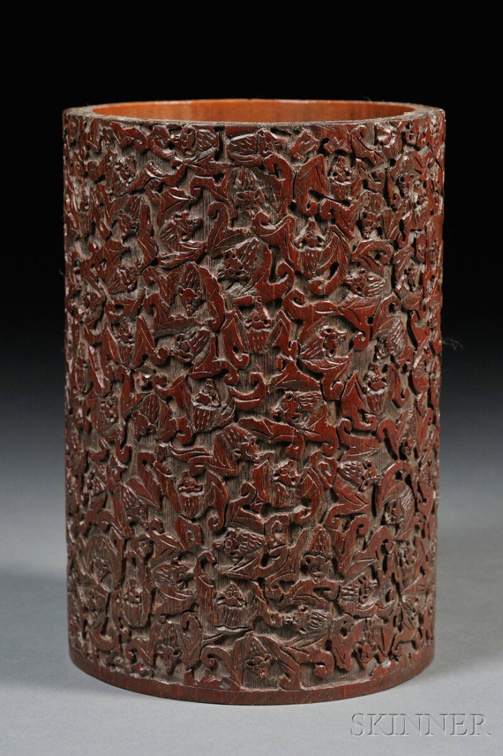 Bamboo Brush Pot, China, overall relief carving of: Bamboo Brush Pot, China, overall relief carving of bats, ht. 7 1/2 in.