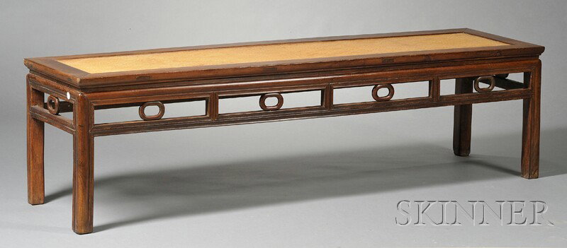 Low Table, China, the rattan top set with decorati: Low Table, China, the rattan top set with decorative ring braces, lg. 68 5/8 x 18 5/8 x 18 5/8 in.