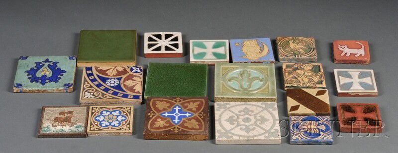 Nineteen Pottery Tiles Glazed earthenware United States: Nineteen Pottery Tiles Glazed earthenware United States Nineteen decorated and glazed square tiles from the Arts & Crafts period by various makers including Mercer, American Encaustic, Delft, Pardee,