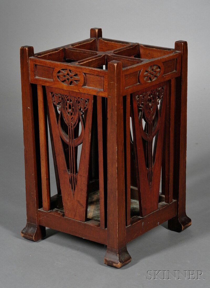 Art Nouveau Umbrella Stand Mahogany United States, c. 1: Art Nouveau Umbrella Stand Mahogany United States, c. 1913 Four pierced and decorated sides in the Art Nouveau manner, fitted with four compartments with umbrella pan, partially legible inscription in