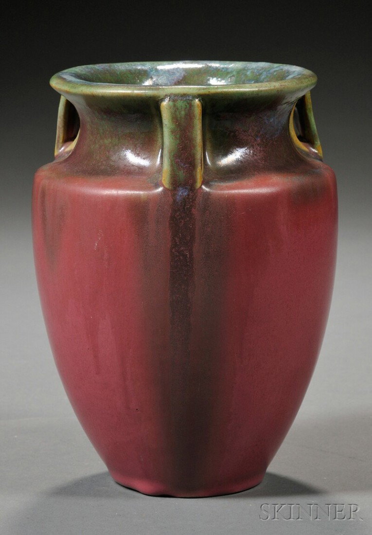 Fulper Pottery Vase Art pottery Flemington, New Jersey,: Fulper Pottery Vase Art pottery Flemington, New Jersey, before 1920 Wide flared mouth with three small handles on the shoulder of a tapering cylindrical form, the rim and handles in green glaze shadin