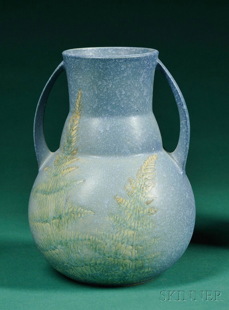 Roseville Windsor Vase Art pottery Zanesville, Ohio, pa: Roseville Windsor Vase Art pottery Zanesville, Ohio, pattern date 1931 Rare bulbous two-handled vase with green fern decoration on blue matte glazed ground, incised with a 9, and marked 4 in blue, ht.
