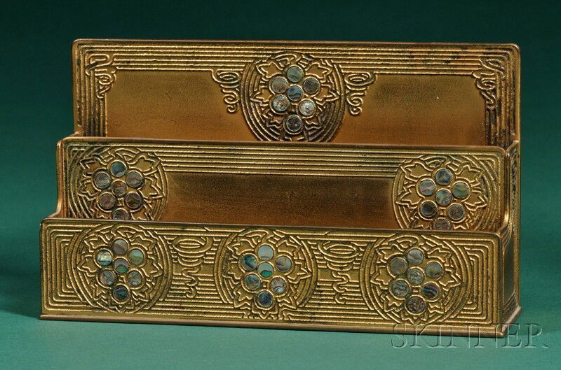 Tiffany Studios Letter Holder Dore bronze New York, early 20th century Abalone pattern two-tier hold: Tiffany Studios Letter Holder Dore bronze New York, early 20th century Abalone pattern two-tier holder, marked Tiffany Studios, New York 1151, ht. 5 3/4, wd. 9 1/2, dp. 2 1/2 in.