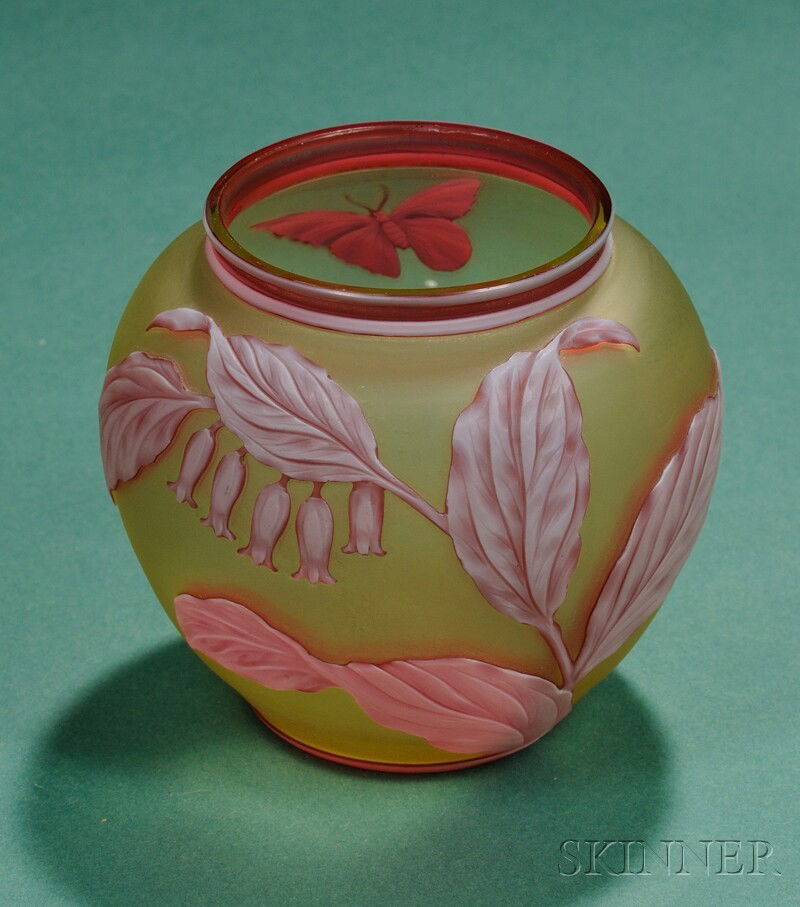 Thomas Webb and Sons Art Nouveau Cameo Glass Vase Art glass Stourbridge, England White cut to red ca: Thomas Webb and Sons Art Nouveau Cameo Glass Vase Art glass Stourbridge, England White cut to red cameo leaf and butterfly decoration cut to a citron ground, marked Thomas Webb and Sons on base, ht. 3