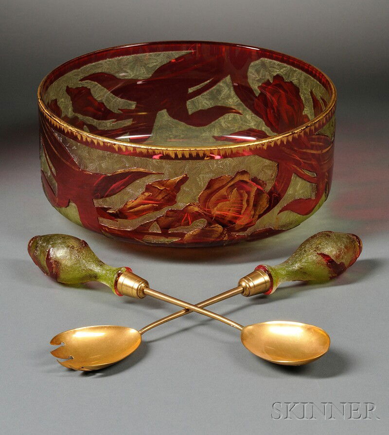 Art Nouveau Art Glass Bowl with Servers Decorated and cut art glass Possibly Thomas Webb and Sons, S: Art Nouveau Art Glass Bowl with Servers Decorated and cut art glass Possibly Thomas Webb and Sons, Stourbridge, England Ruby overlay of flowers and leaves with gilt highlights in cameo, fine cut citro