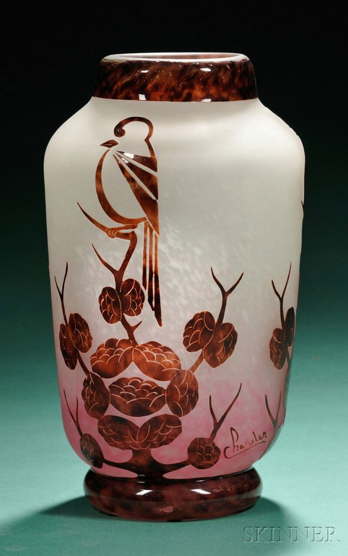 Art Deco Charder Le Verre Francais Glass Vase Cameo glass France, c. 1925 Cameo-decorated with birds: Art Deco Charder Le Verre Francais Glass Vase Cameo glass France, c. 1925 Cameo-decorated with birds on a flowering bush in mottled brown cut to shaded white to red ground, signed on base and side, ht