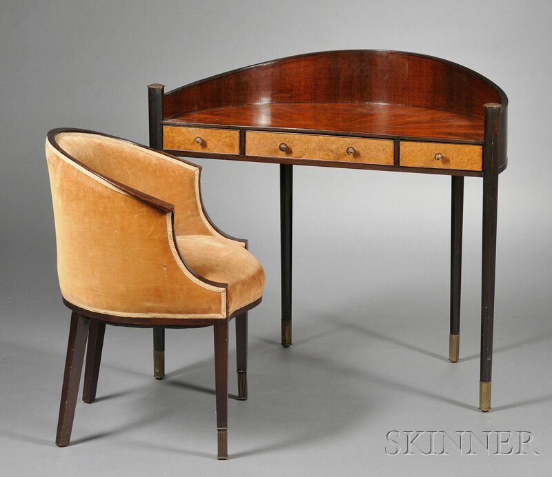 Art Deco Demilune Desk and Chair Mahogany, walnut, and maple veneers, mohair United States Demilune : Art Deco Demilune Desk and Chair Mahogany, walnut, and maple veneers, mohair United States Demilune shape with bookmatched walnut veneer writing surface in a fan pattern over three drawers with maple 