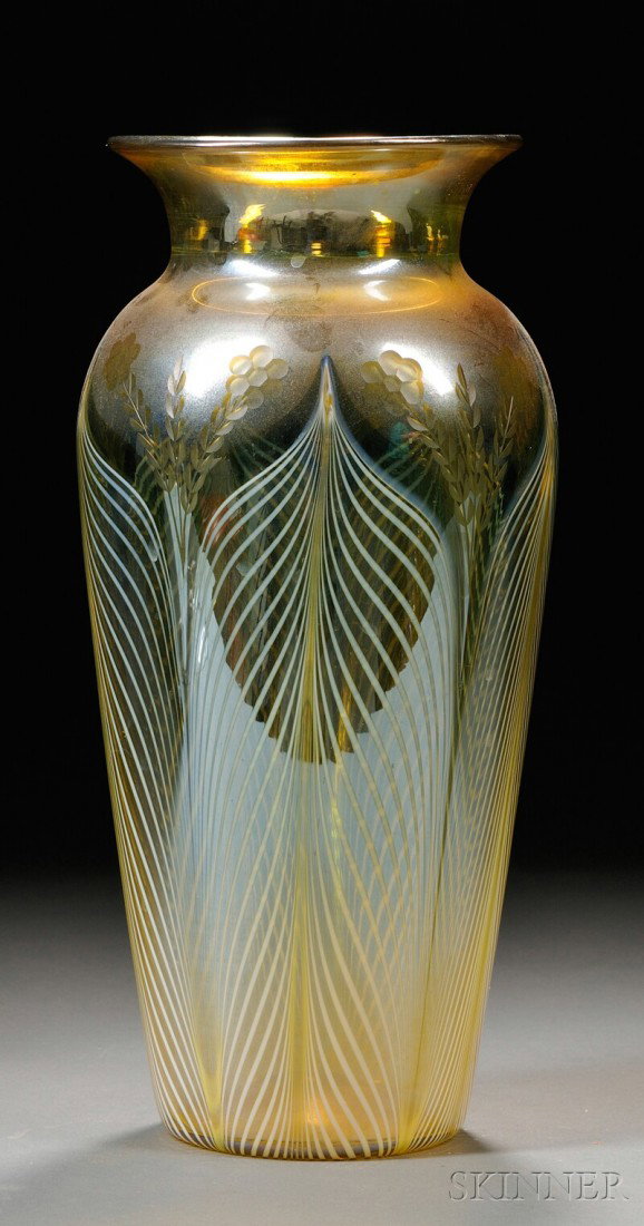 Durand Vase Crystal Early 20th century Ambergris cut crystal with pulled leaf decoration with green : Durand Vase Crystal Early 20th century Ambergris cut crystal with pulled leaf decoration with green leaf tips on transparent gold ground, polished pontil, mark not visible, ht. 12 1/2 in.