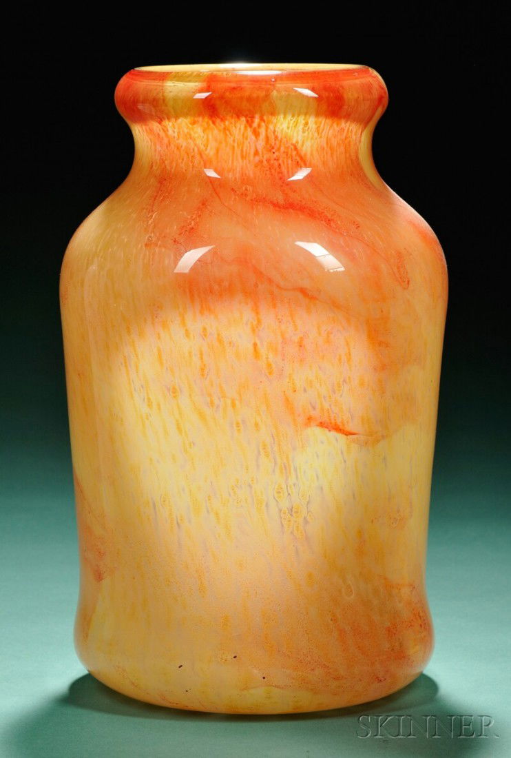 Kimble Cluthra Glass Vase Art glass New Jersey Shaped lip on large cylindrical form in yellow-orange: Kimble Cluthra Glass Vase Art glass New Jersey Shaped lip on large cylindrical form in yellow-orange glass, polished pontil, remnants of maker's mark, ht. 13 1/8 in. Note: The Kimble Glass Company bui