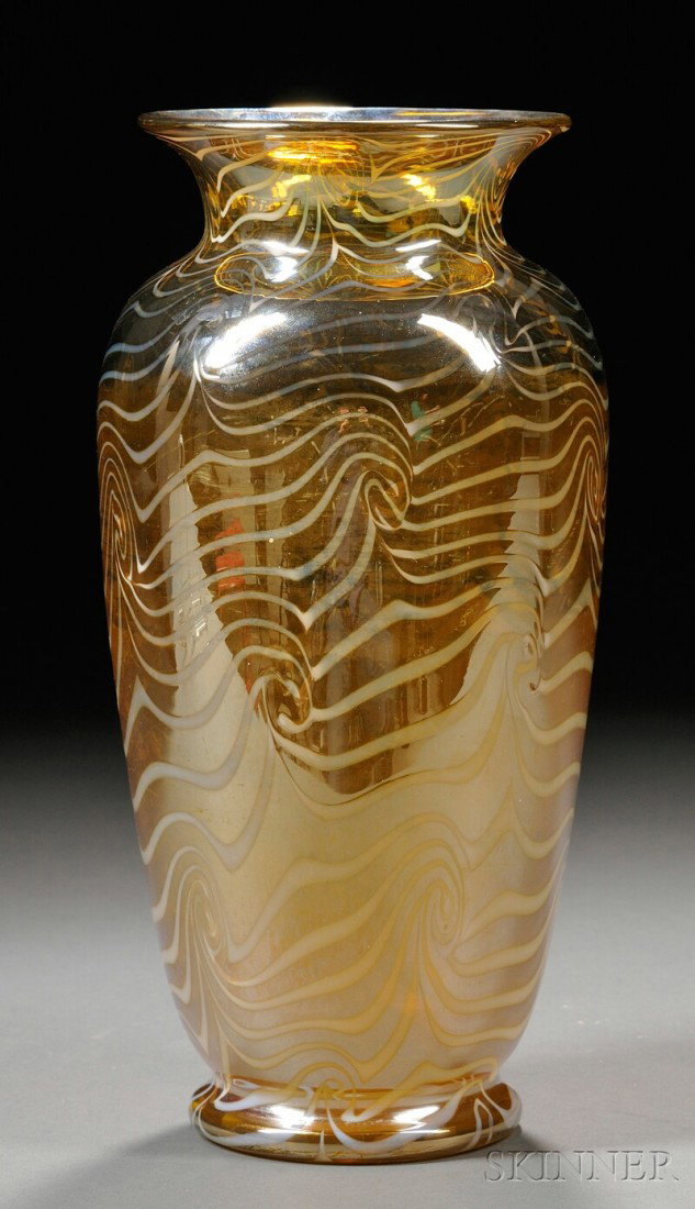 Durand King Tut Vase Art glass Shape no. 1811, New Jersey, c. 1925 Opal King Tut decoration on silve: Durand King Tut Vase Art glass Shape no. 1811, New Jersey, c. 1925 Opal King Tut decoration on silver lustre background, polished pontil, unmarked, ht. 10 1/4 in. Literature: Meshi, Durand, p. 83.