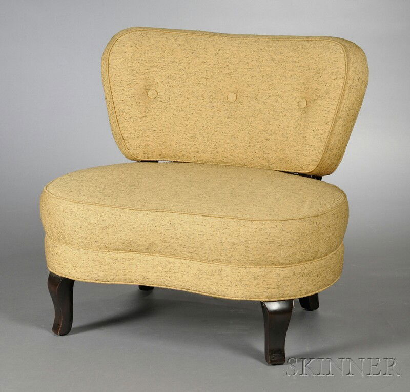 Dunbar Lounge Chair Upholstery and wood Berne, Indiana, c. 1956 Wide back armless chair in predomina: Dunbar Lounge Chair Upholstery and wood Berne, Indiana, c. 1956 Wide back armless chair in predominantly yellow upholstery raised on four dark wood shaped legs, unmarked, ht. 30, wd. 34, dp. 24 in.