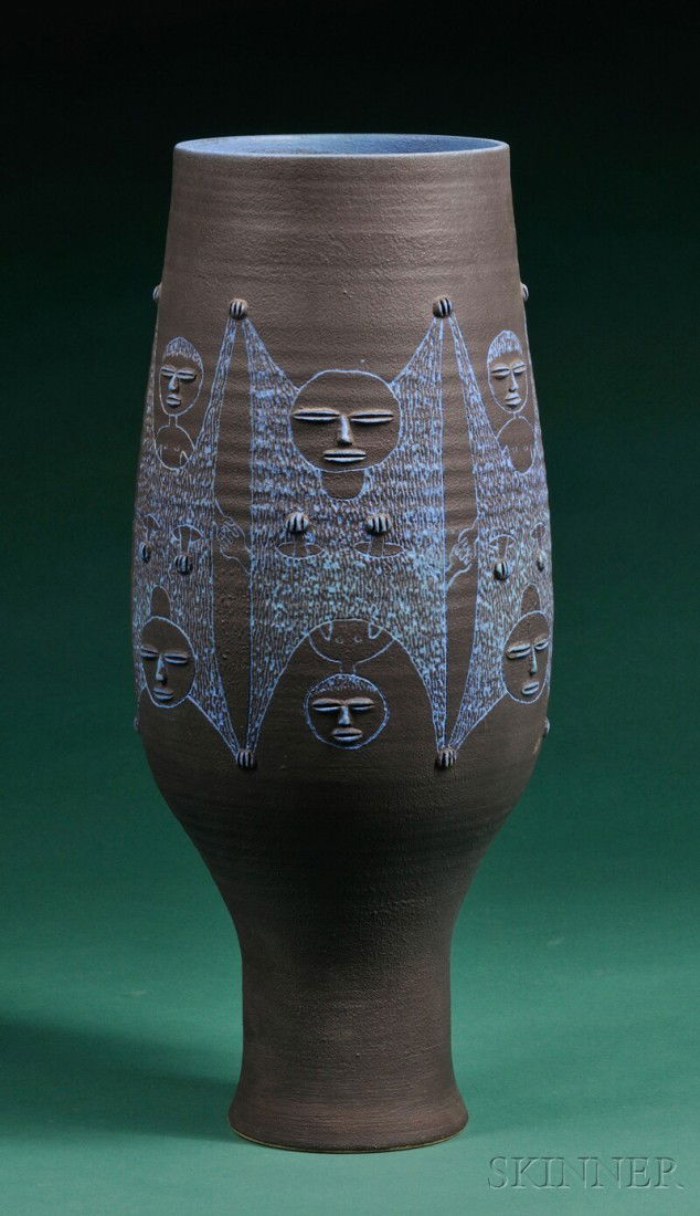 Edwin and Mary Scheier Large Decorated Pottery Vase Art pottery New Hampshire, 1972 Tall cylindrical: Edwin and Mary Scheier Large Decorated Pottery Vase Art pottery New Hampshire, 1972 Tall cylindrical form funneling to base, incised border of two opposing figures covered by a stylized blanket with h