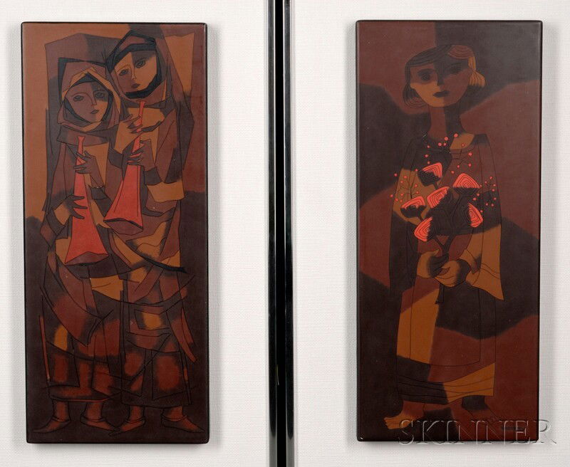 Joseph Trippetti (American, b. 1923) Two Works: Flower Girl and Two Women Playing Horns Flower signe: Joseph Trippetti (American, b. 1923) Two Works: Flower Girl and Two Women Playing Horns Flower signed "TRIPPETTI" l.r., each titled, signed, and inscribed "...JOE