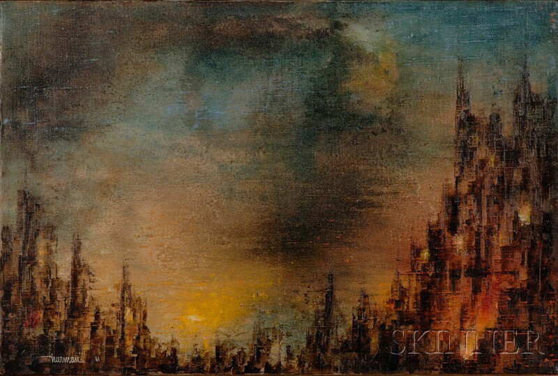 Leonardo M. Nierman (American, b. 1932) Cityscape Signed and dated "Nierman 61" l.l. Oil on canvas, : Leonardo M. Nierman (American, b. 1932) Cityscape Signed and dated "Nierman 61" l.l. Oil on canvas, 16 x 23 3/4 in., framed. Condition: Minor surface grime.