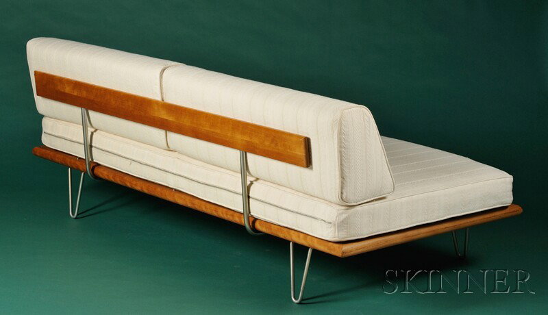 George Nelson Daybed Wood, metal, and fabric Herman Miller, Zeeland, Michigan, 1956 Back rail raised: George Nelson Daybed Wood, metal, and fabric Herman Miller, Zeeland, Michigan, 1956 Back rail raised on two posts, flat bench with cream upholstered cushions raised on hairpin legs, ht. 27, lg. 75, dp