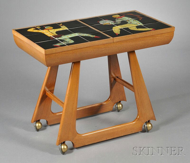 Vladimir Kagan Tea Table with Tile Top Walnut and ceramic Kagan Dreyfuss Inc., 23 E. 57th St., New Y: Vladimir Kagan Tea Table with Tile Top Walnut and ceramic Kagan Dreyfuss Inc., 23 E. 57th St., New York, 1952 Split frame tile top each frame with decorative tiles depicting colorful dancers on black