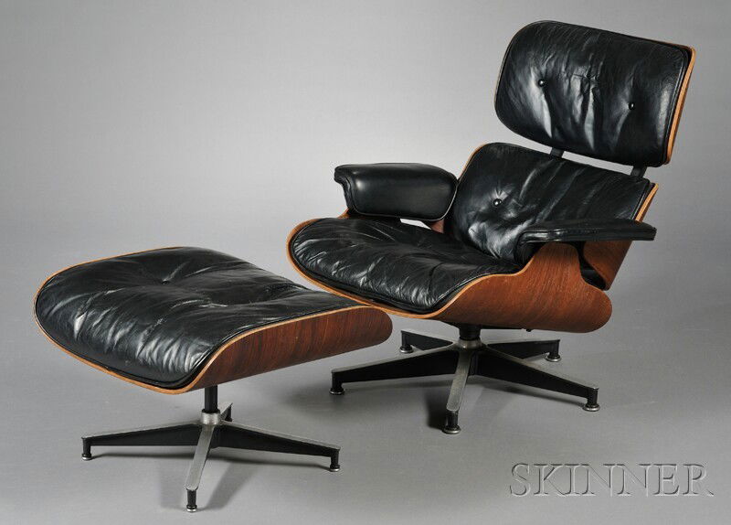 Charles Eames Lounge Chair and Ottoman Molded and laminated rosewood, leather, aluminum Herman Mille: Charles Eames Lounge Chair and Ottoman Molded and laminated rosewood, leather, aluminum Herman Miller, Zeeland, Michigan Black leather in rosewood shell raised and swivels on four-prong aluminum foot,