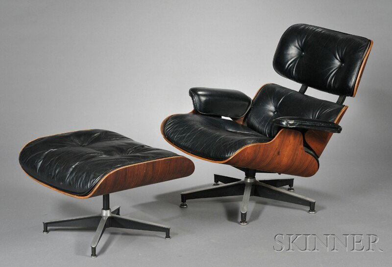 Charles and Ray Eames Lounge Chair and Ottoman Molded and laminated rosewood, leather, aluminum Herm: Charles and Ray Eames Lounge Chair and Ottoman Molded and laminated rosewood, leather, aluminum Herman Miller, Zeeland, Michigan Black leather in rosewood shell raised and swivels on four-prong alumin