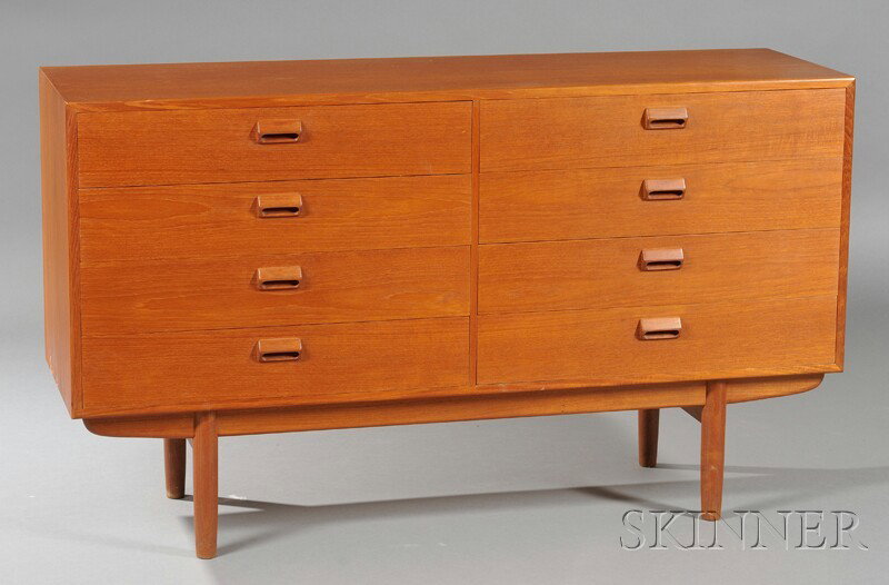 Borge Mogensen Mid-Century Modern Chest of Drawers Teak veneers Soberg Mobler, Denmark Rectangular t: Borge Mogensen Mid-Century Modern Chest of Drawers Teak veneers Soberg Mobler, Denmark Rectangular top over two banks of four drawers, raised on four cylindrical legs, some veneer loss to bottom side 