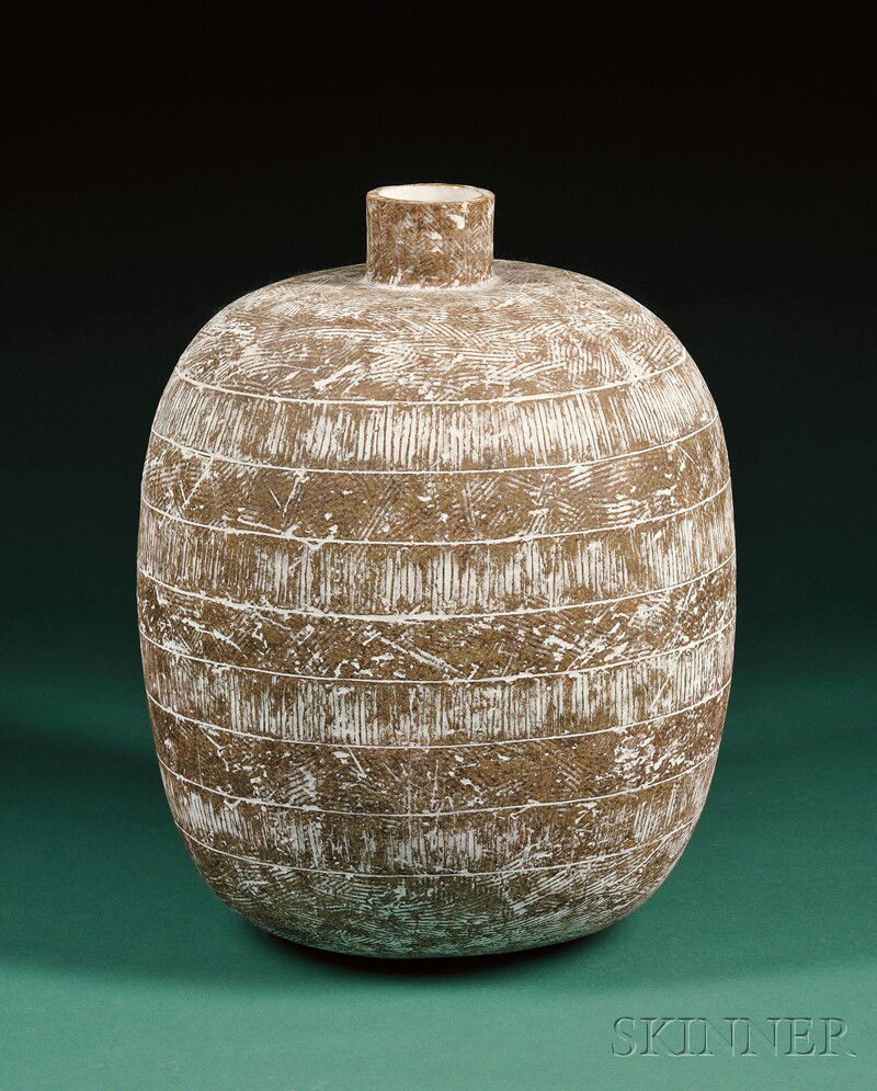 , Claude Conover Vessel, Art pottery, Stoneware vessel with linear sgraffito decoration, signed and : Claude Conover Vessel Art pottery United States Stoneware vessel with linear sgraffito decoration, signed and titled Claude Conover "Heen," minor flake at top rim, ht. 16 in.