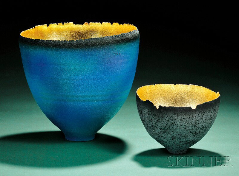 Two Cheryl Williams Art Pottery Bowls Stoneware United States, c. 1993 Wheel thrown, interior in gol: Two Cheryl Williams Art Pottery Bowls Stoneware United States, c. 1993 Wheel thrown, interior in gold leaf, exterior airbrushed acrylic paint on deep bowl with craggy top rim, recessed foot signed Wil