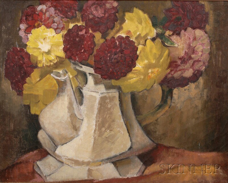 George Melville Smith (American, b. 1879) Still Life with Flowers in a Teapot Signed "GEORGE/MELVILL: George Melville Smith (American, b. 1879) Still Life with Flowers in a Teapot Signed "GEORGE/MELVILLE/SMITH" l.r., inscribed on the stretcher. Oil on canvas, 16 1/2 x 20 3/8 in., framed. Condition: Mi