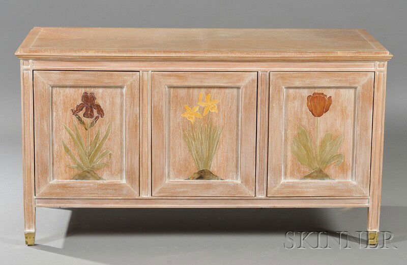 Modern Credenza Inlaid limed and stained mahogany United States, fourth quarter 20th century Rectang: Modern Credenza Inlaid limed and stained mahogany United States, fourth quarter 20th century Rectangular top over three cabinet doors inlaid with iris, daffodil and tulip respectively, two compartment