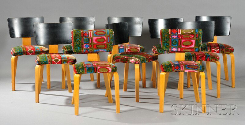 Ten Mid-Century Modern Thonet Chairs Wood, paint, and upholstery Thonet Industries, United States Bl: Ten Mid-Century Modern Thonet Chairs Wood, paint, and upholstery Thonet Industries, United States Black seat backs, colorful geometric pattern upholstered seat on natural bentwood frame, some wear, ht