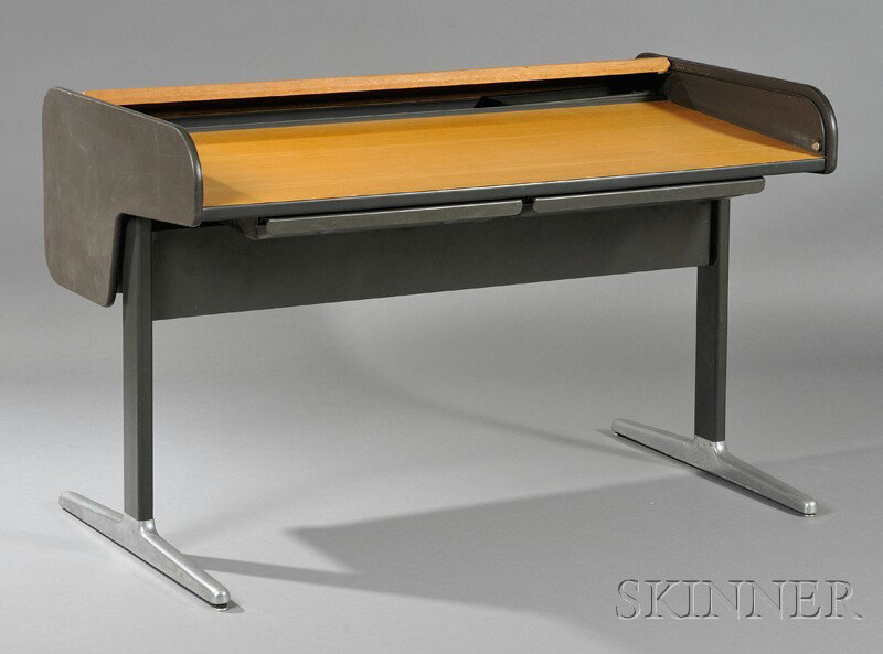 Office Desk in the Manner of George Nelson Wood, plastic, and aluminum United States Tambour top wit: Office Desk in the Manner of George Nelson Wood, plastic, and aluminum United States Tambour top with laminate writing surface over two gray plastic drawers, sides, and legs with aluminum feet, some w