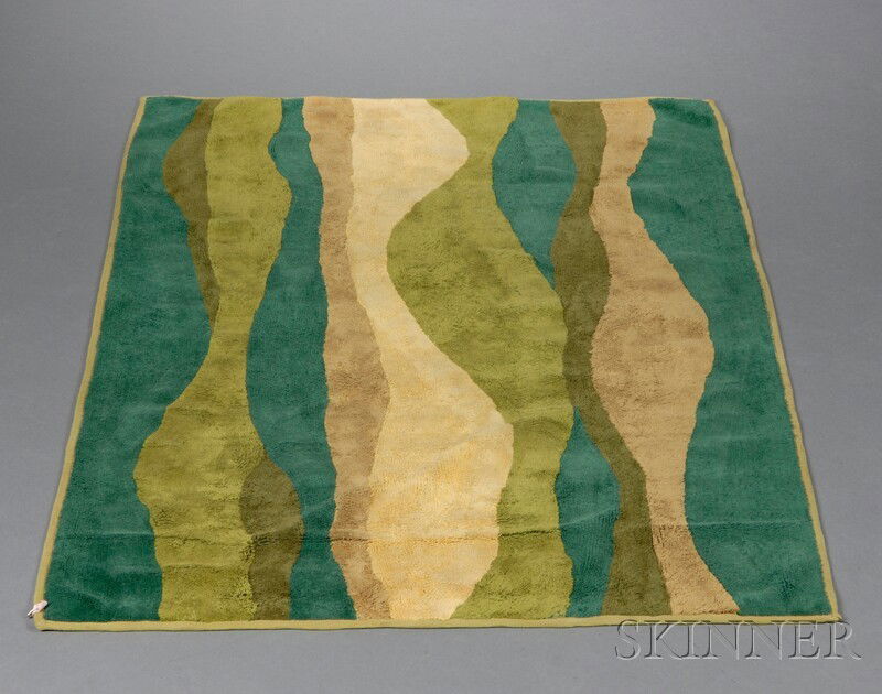 Mid-Century Modern Rug Cotton Denmark Emerald, olive, mossy green, and yellow wavy design, lg. 71 1/: Mid-Century Modern Rug Cotton Denmark Emerald, olive, mossy green, and yellow wavy design, lg. 71 1/2, wd. 49 in.