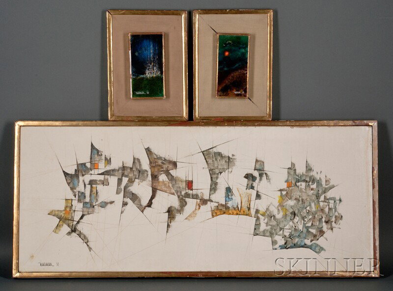 Leonardo M. Nierman (American, b. 1932) Three Abstract Works: Untitled, White Castle, and Sunset Unt: Leonardo M. Nierman (American, b. 1932) Three Abstract Works: Untitled, White Castle, and Sunset Untitled signed and dated "Nierman 59" l.l., identified on a l