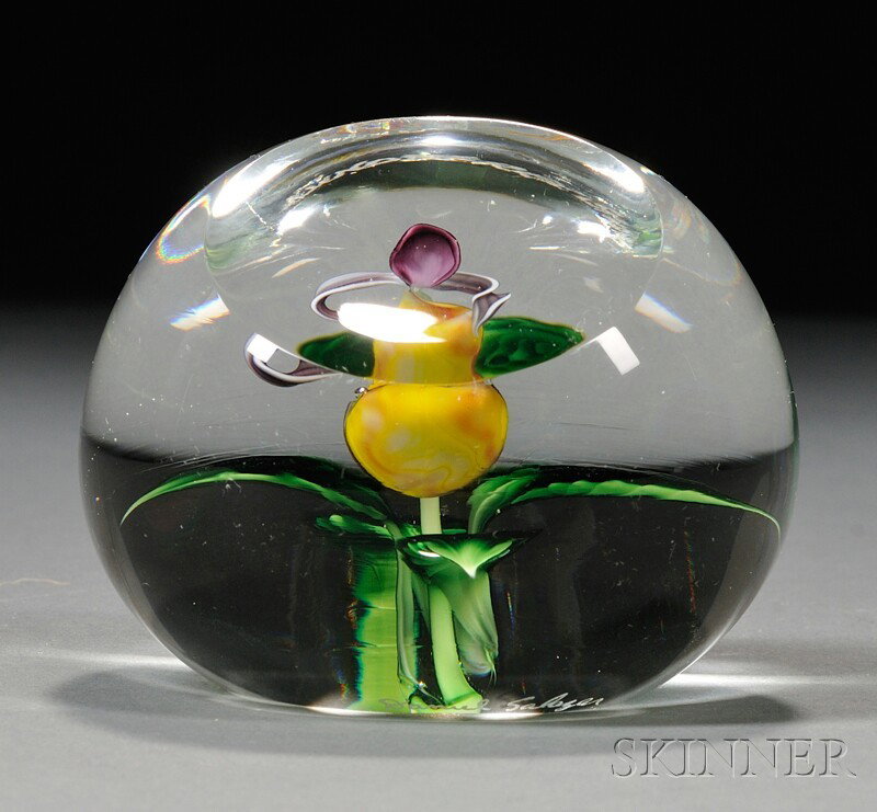 Lundberg Studios Orchid Paperweight Art glass Daniel Salazar, California, 1996 Spherical paperweight: Lundberg Studios Orchid Paperweight Art glass Daniel Salazar, California, 1996 Spherical paperweight with trapped purple and yellow orchid decoration encased in colorless glass with a circular facet a