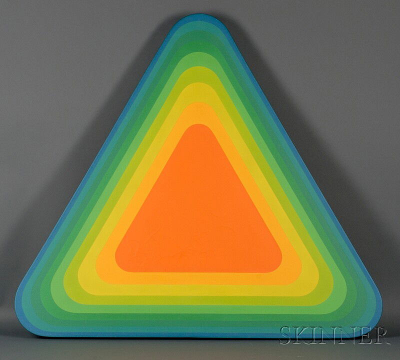 Donald (Don) Robertson (American, b. 1925) Lausanne Series Trigon #21, 1971 Unsigned, titled on a la: Donald (Don) Robertson (American, b. 1925) Lausanne Series Trigon #21, 1971 Unsigned, titled on a label affixed to the reverse. Acrylic on shaped canvas, 44 x 39 1/2 in., unframed. Conditio